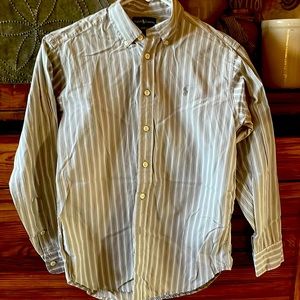 RALPH LAUREN BUTTON DOWN DRESS SHIRT SIZE 10-12 MEDIUM GRAY AND WHITE STRIP.